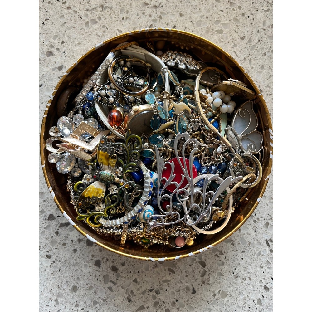 -SOLD- Vintage Crafting Jewelry Lot Mixed Jewelry Tin Brooches Necklaces Earring